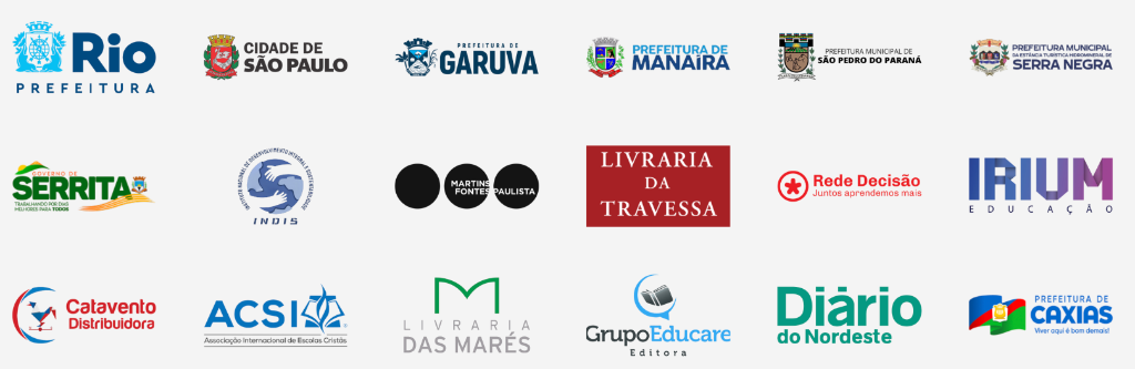 Logos de parceiros: Prefeituras, editoras e instituições parceiras incluindo Rio, São Paulo, Martins Fontes, Travessa, INDIS, Grupo Educare e outras